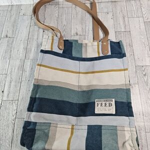 FEED Projects Coastal Stripe Blue Canvas Tote Bag Lunch Box Pockets